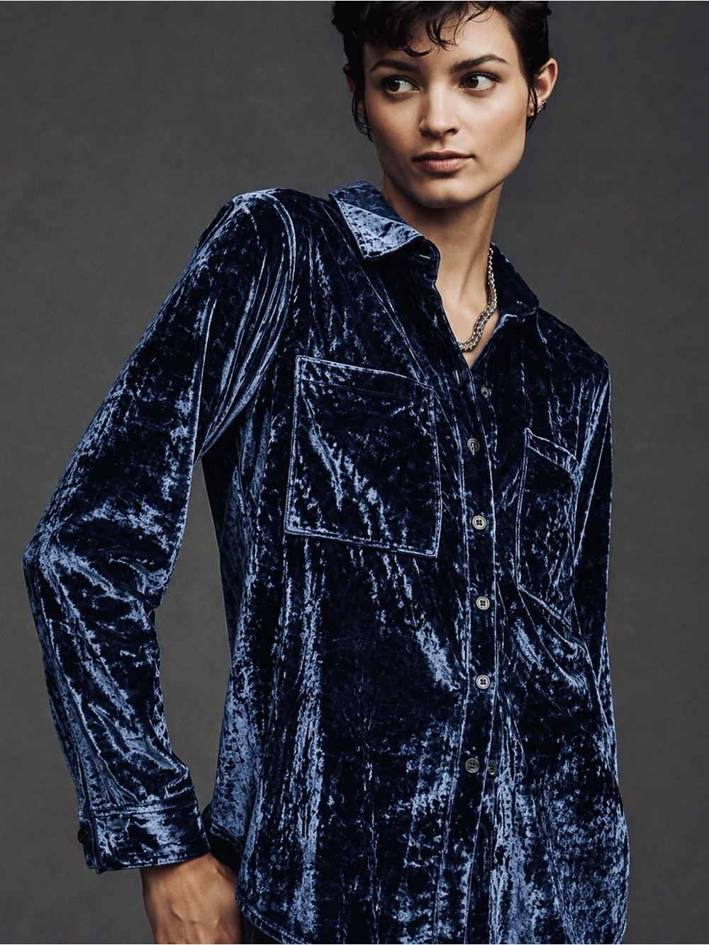 Anthropologie Pilcro Hadley Sapphire Blue Velvet Oversized Button Down Med